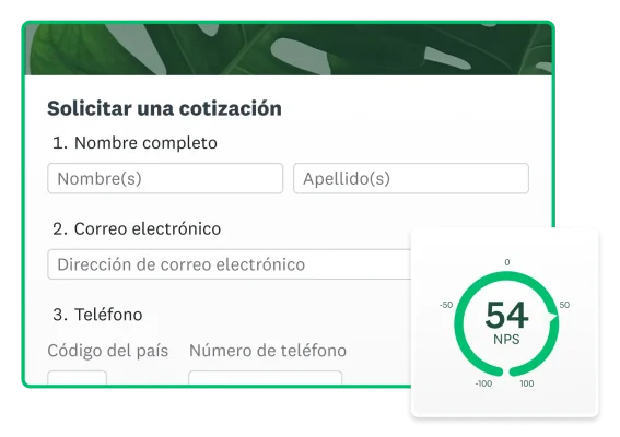 Captura de pantalla de un formulario de solicitud de cotización y una puntuación de NPS