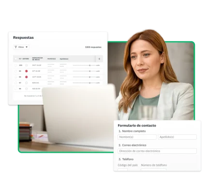 Una mujer sentada en un escritorio usa una computadora portátil con capturas de pantalla de un panel de análisis de respuestas y un formulario de contacto junto a ella.