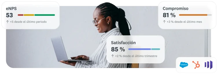 Una mujer escribe en su computadora portátil, junto a estadísticas positivas sobre compromiso, satisfacción y eNPS