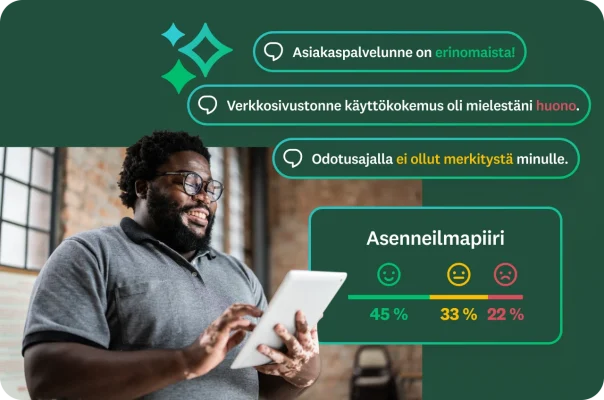 Parrakas silmälasipäinen mies katsomassa tablettia. Peittokuvassa on puhekuplia, joissa näkyy asiakaspalautetta, kuten "asiakaspalvelunne on erinomaista!" ja "kokemukseni verkkosivustostanne oli huono". Alla oleva kaavio näyttää asenne-erittelyn ja prosenttilukemia.