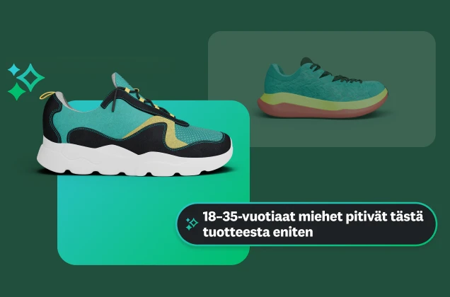 Kuva, jossa näkyy kaksi erilaista juoksukenkää. Tekstilaatikossa lukee "18–35-vuotiaat miehet suosivat tätä tuotetta", mikä korostaa tiettyä demografista tietoa.
