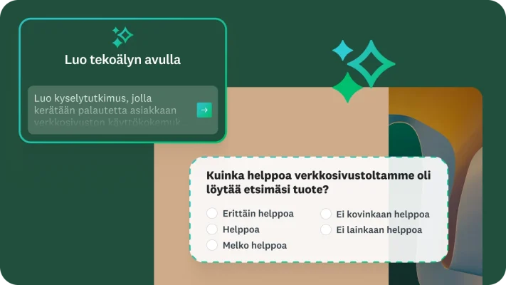 Kuva kyselytutkimuksen luontityökalusta, jonka nimi on "Luo tekoälyn avulla". Näkyvissä on esimerkkikehote: "luo kyselytutkimus, jolla kerätään palautetta asiakkaan verkkosivuston käyttökokemuksesta". Kyselytutkimuksen esimerkkikysymyksessä kysytään: "kuinka helposti löysit etsimäsi verkkosivustoltamme?"