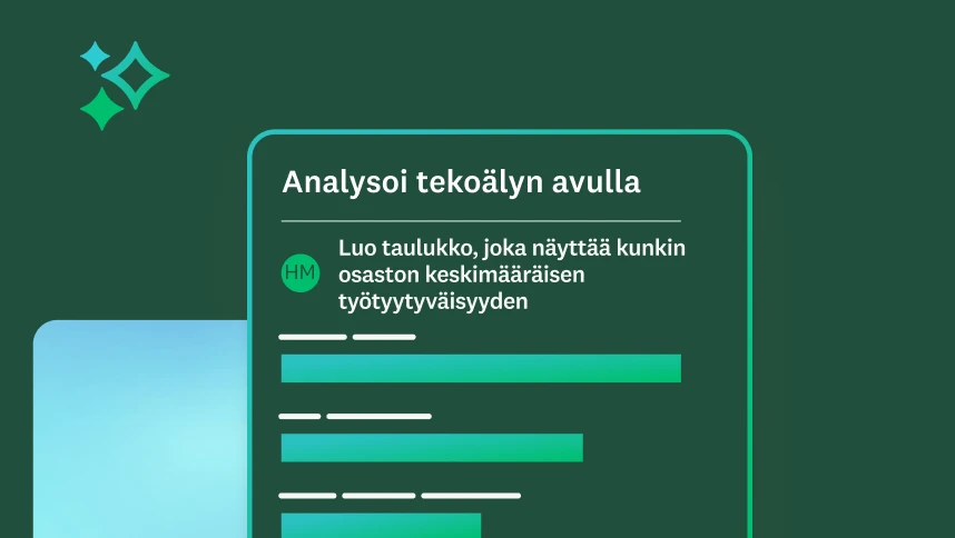 Analysoi tekoälyn avulla ‑toiminnon kehote, jossa tekoälyä pyydetään luomaan taulukko kunkin osaston keskimääräisestä työtyytyväisyydestä.