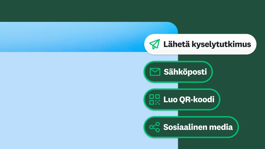 Valikko, jossa näkyvät vaihtoehdot kyselytutkimuksen lähettämiseksi sähköpostitse, luomalla QR-koodi tai sosiaalisen median kautta.