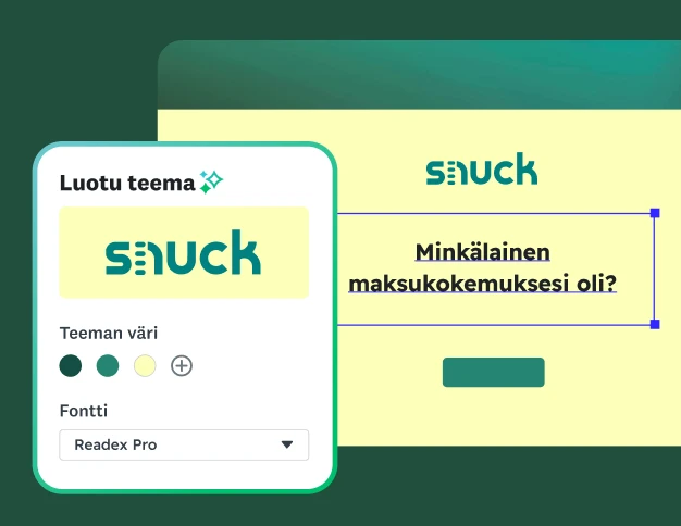Kyselytutkimuksen luontinäyttö, jossa näkyy snuck-logon perusteella automaattisesti luotu teema sekä vaihtoehdot teeman värin ja fontin valinnalle.