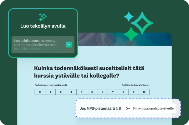 Ohituslogiikkaa käyttävä, NPS-pistemäärää mittaava kysymys suosittelemisesta ja tekoälykehote asiakassuosituskyselyn tekemiseksi.