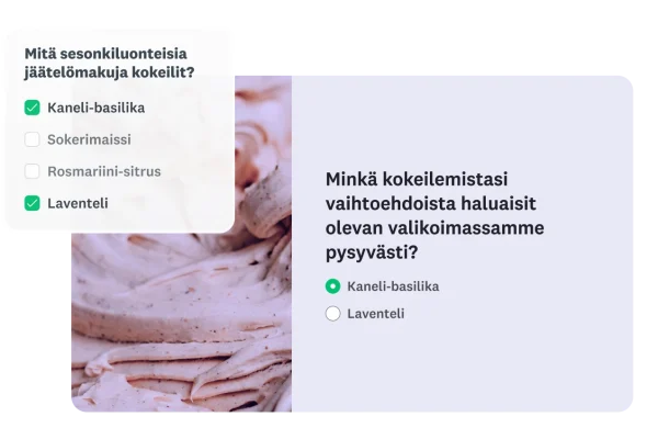 Ketjutuslogiikkaa esittelevä kyselytutkimus, jossa valitut sesonkijäätelömaut (kaneli-basilika, laventeli) siirretään jatkokysymykseen.