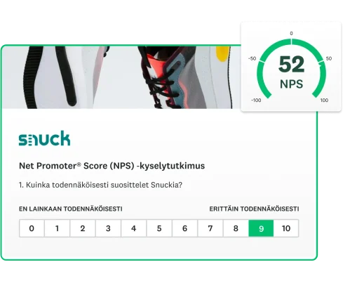 Näyttökuva Net Promoter Score ‑kyselytutkimuskysymyksestä, jonka vieressä näkyy lopullinen 52 pisteen NPS-tulos