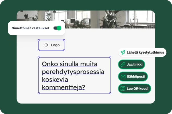 Perehdytyskyselyn luontinäyttö, jossa voidaan lähettää ja jakaa kyselytutkimus sekä tehdä vastauksista nimettömiä.