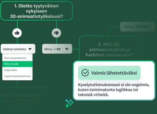 Yksinkertaistettu vuokaavionäkymä kyselytutkimuslogiikasta. Näkyvissä on Siirry sivulle ‑toiminto pudotusvalikossa sekä Valmis lähetettäväksi ‑vahvistus.