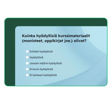 Kyselytutkimusruutu, jossa kysytään: ”Kuinka hyödyllisiä kurssimateriaalit (monisteet, oppikirjat jne.) olivat?”