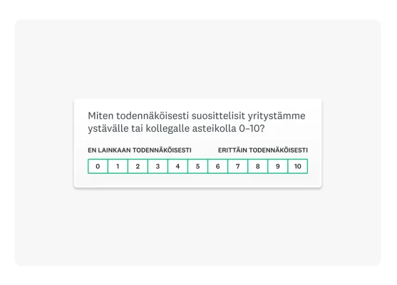Net Promoter Score (NPS) ‑kysymys: ”Kuinka todennäköisesti suosittelisit meitä ystävälle tai kollegalle asteikolla 0–10?”