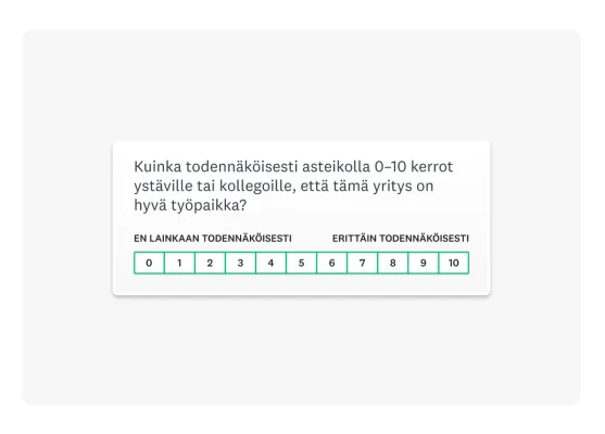 Työnantajan Net Promoter Score (NPS) –kysymys: ”Kuinka todennäköisesti asteikolla 0–10 kerrot ystäville tai kollegoille, että tämä yritys on hyvä työpaikka?”