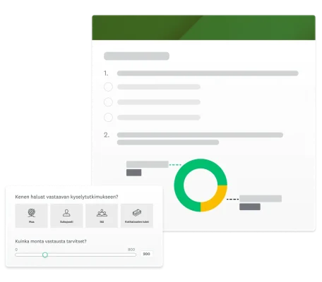 Kyselytutkimuksessa on rengaskaavio, ja sen vieressä ovat kysymykset: ”Kenen haluat vastaavan kyselytutkimukseen?” ja ”Kuinka monta vastausta tarvitset?”