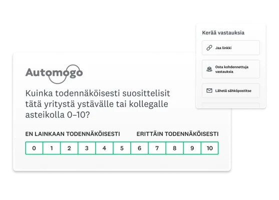 Kuvakaappaus tuotteen NPS-kyselytutkimuksesta ja tavoista lähettää se.