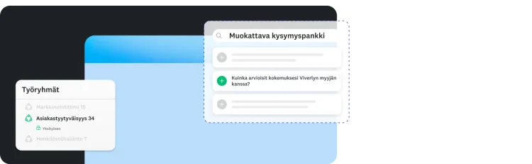 Työryhmäikkuna ja muokattavan kysymyspankin ikkuna, joissa näkyy erilaisia kyselytutkimuksen kysymyksiä