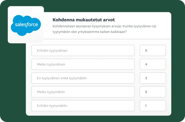 Näyttö, jossa esitellään mukautettujen arvojen kohdentamista tyytyväisyyskyselyn kysymyksestä Salesforcen kenttiin.