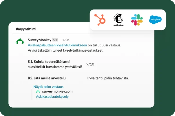 Slack-ilmoitus, jossa näkyy uusi vastaus asiakaspalautekyselyyn, suosituksen pistemäärä sekä integraatioihin liittyviä logoja.
