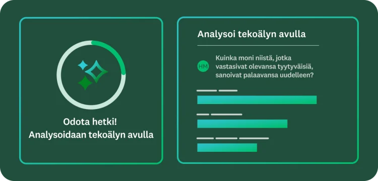 Kuva, jossa näkyy Analysoi tekoälyn avulla ‑toiminnon ympyränmuotoinen latausgrafiikka, ja sen vieressä kehote, jossa tekoälyltä kysytään kyselytutkimuksen vastaajista.