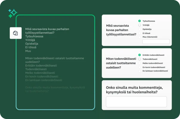 Näyttö, jossa näkyy vasemmalla puolella muotoilemattomia kyselytutkimuskysymyksiä ja oikealla samat tekstit, jotka alusta on muotoillut automaattisesti interaktiivisiksi kyselytutkimuskysymyksiksi.