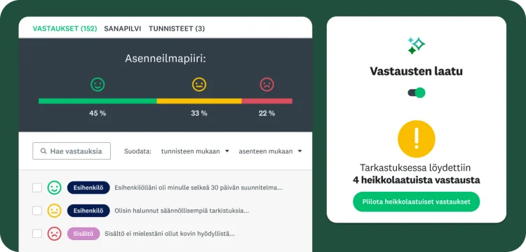 Koontinäyttö, jossa näkyy kyselytutkimusvastausten asenneanalyysi ja toiminto, joka merkitsee heikkolaatuiset vastaukset.