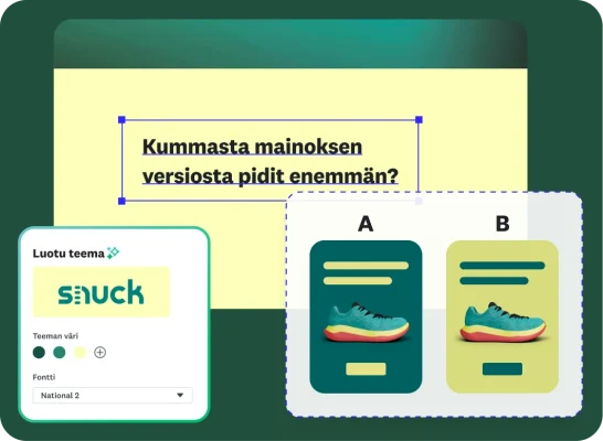 Markkinointikyselytutkimuksen käyttöliittymä Snuck-nimiselle kenkävalmistajalle. Näkyvissä on kysymys: ”Kummasta mainoksen versiosta pidit enemmän?”. Alla on mainosten A ja B vertailu rinnakkain. Vasemmalla puolella olevassa suunnittelupaneelissa on vaihtoehtoja teeman, fontin ja asettelun mukauttamista varten.
