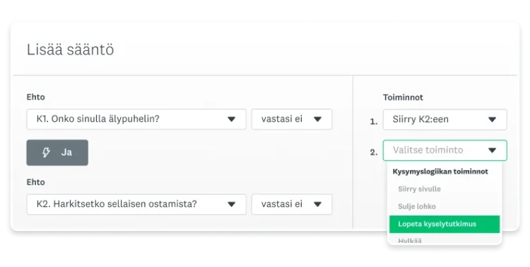 Näyttökuva SurveyMonkeyn lisää sääntö ‑ominaisuudesta