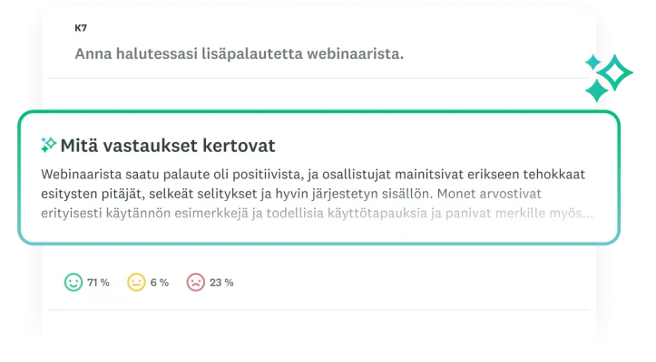 Mitä vastaukset kertovat ‑modaali, joka esittää yhteenvedon kyselytutkimuksen kysymyksen temaattisesta analyysistä