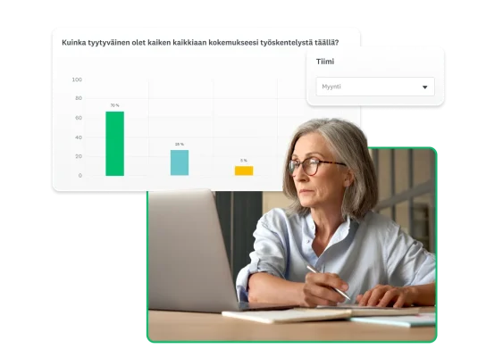 Nainen kirjoittaa tablettiin, ja vieressä on pylväsdiagrammi työntekijätyytyväisyyskyselyn tuloksista