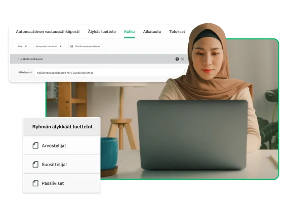 Nainen töissä kannettavalla tietokoneella, vieressä näyttökuva älykkäistä luetteloista kyselytutkimuksen lähettämistä varten