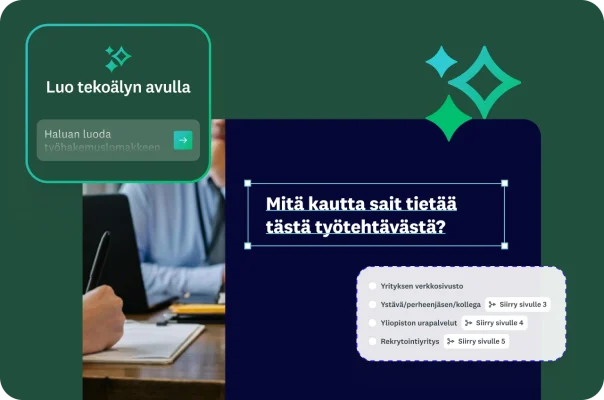 Henkilö täyttämässä lomaketta. Näkyvissä on tekoälykehote ja lomakkeen esimerkkikysymys: "Mitä kautta sait tietää tästä työtehtävästä?" sekä monivalintavastauksia.