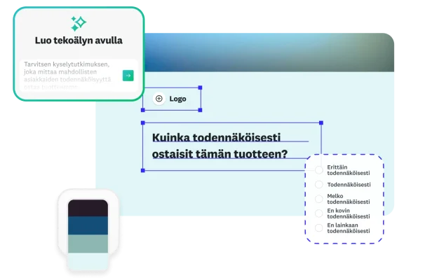 Luo tekoälyn avulla -kehote, jossa pyydetään mittaamaan mahdollisten asiakkaiden todennäköisyyttä ostaa tuote, ja jonka vieressä on kyselytutkimuskysymys, jossa kysytään kuinka todennäköisesti ostaisit tämän tuotteen