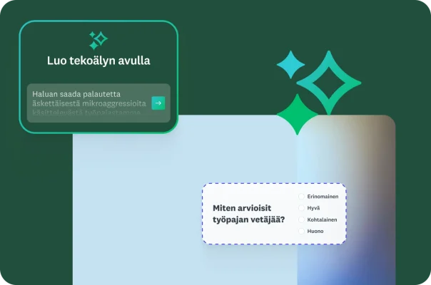 Luo tekoälyn avulla ‑kehotteessa lukee ”Haluan saada palautetta äskettäisestä mikroaggressioita käsittelevästä työpajastamme”. Sen vieressä on kyselytutkimuskysymys, jossa kysytään, miten vastaaja arvioisi työpajan vetäjää.