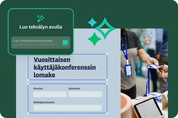 Henkilö täyttämässä vuosittaisen käyttäjäkonferenssin lomaketta, ja kuvan vieressä peittokuva, jossa näkyy tekoälykehote.