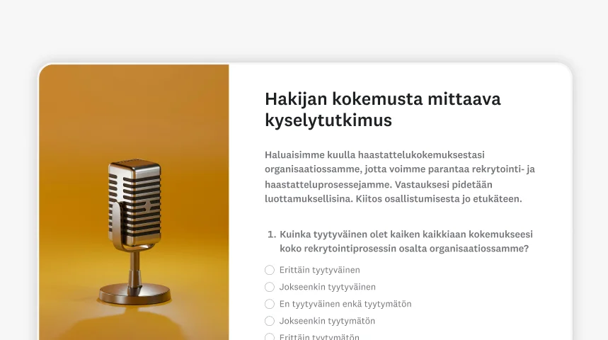 Kuvakaappaus SurveyMonkeyn hakijan kokemusta koskevasta kyselytutkimusmallista