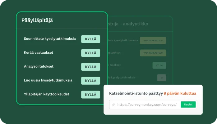 Näyttökuva tiimin ylläpitäjän työkaluista SurveyMonkeyssa. Siitä näkyy, että pääylläpitäjä voi tehdä tiettyjä asioita ja että kyselytutkimuksen katselmointi-istunto päättyy 9 päivän kuluttua.