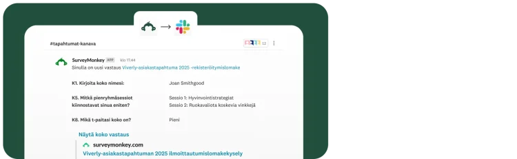 SurveyMonkeyn lähettämä Slack-ilmoitus "#events-channel"-kanavalla näyttää uuden rekisteröitymisen "Viverly-asiakastapahtuma 2025" ‑tapahtumaan. Ilmoituksessa näkyy osallistujan nimi, valitut pienryhmäsessiot ja t-paidan koko.
