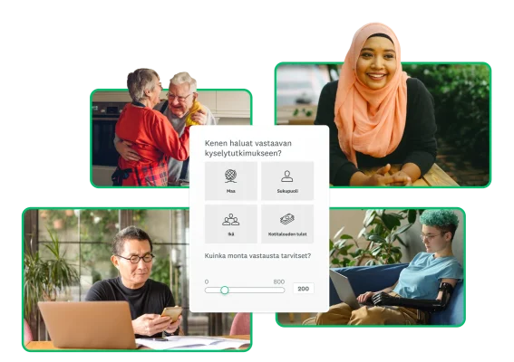 Neljä erillistä kuvaa eri ihmisistä ja näyttökuva SurveyMonkey Audience -paneelin demografisten tietojen valintatyökalusta