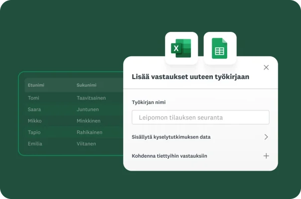 Tietojen viennin käyttöliittymä Excelin ja Google Sheetsin kanssa