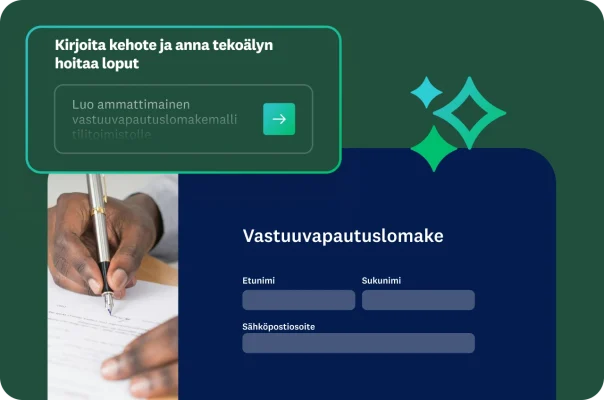 Käsi allekirjoittamassa vastuuvapautuslomaketta Vihreässä ruudussa näkyy tekoälykehote lomakemallin luomiseksi, ja lomakkeen kentät ovat näkyvissä.