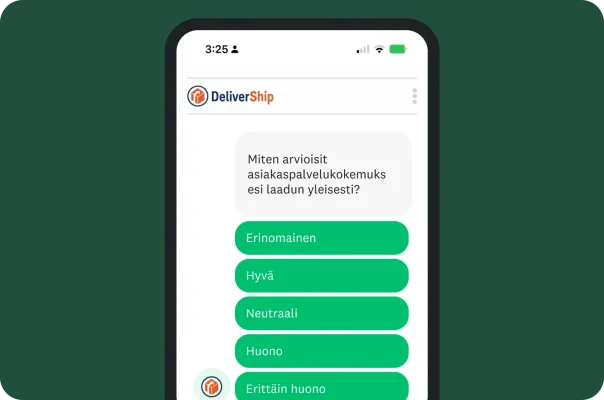 Matkapuhelimen näyttö, jolla on kyselytutkimuskysymys, jossa kysytään, millaiseksi arvioisit asiakaspalvelukokemuksesi laadun