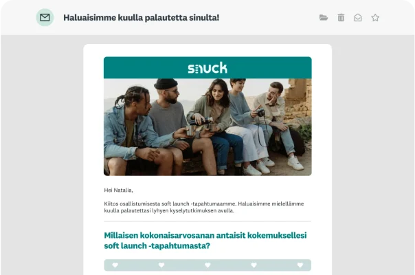 Sähköpostiviesti, jossa tiedustellaan vastaajan yleisestä kokemuksesta soft launch ‑tapahtumaan liittyen