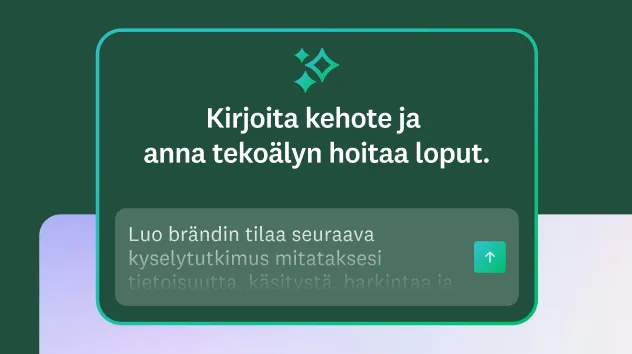 Näyttö tekoälykehotteen ruudusta, jossa on teksti ”Kirjoita kehote ja anna tekoälyn hoitaa loput”. Osittain näkyvissä olevassa esimerkkikehotteessa tekoälyä pyydetään luomaan brändin tilaa seuraava kyselytutkimus.