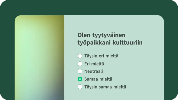 Työkulttuuria koskevan pulssikyselymallin kysymys, joka tiedustelee työntekijöiden tyytyväisyyttä työkulttuuria kohtaan 5-portaisella Likert-asteikolla.