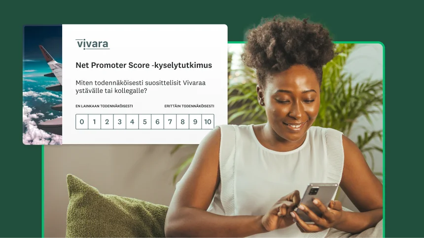 Nainen käyttää puhelinta, ja hänen vieressään on NPS-kyselytutkimuksen kuva