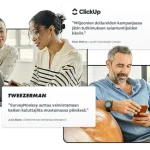 Työtoverit työskentelevät kannettavien tietokoneiden ääressä, ja heidän ympärillään näkyy asiakkaiden käyttäjäkokemuksia