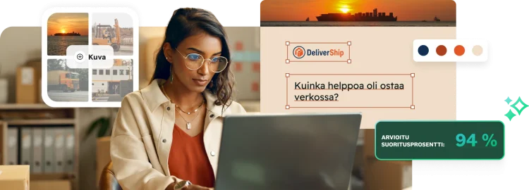Nainen työskentelemässä kannettavalla tietokoneella. Vieressä näkyy kyselytutkimusten mukauttamiseen liittyviä kuvia, mukaan lukien värien valitsin, kuvakollaasi ja DeliverShip-maksukokemuskysely.