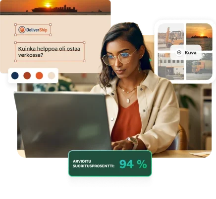 Nainen työskentelemässä kannettavalla tietokoneella. Vieressä näkyy kyselytutkimusten mukauttamiseen liittyviä kuvia, mukaan lukien värien valitsin, kuvakollaasi ja DeliverShip-maksukokemuskysely.
