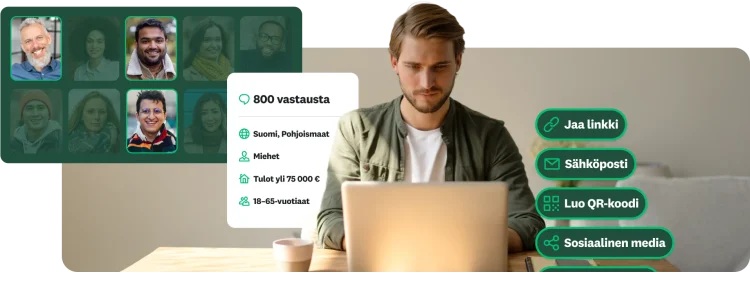 Mies työskentelemässä kannettavalla tietokoneella. Vieressä näkyy vastaajien kohdennettuja demografisia tietoja sekä vaihtoehtoja kyselytutkimuksen jakamiseen linkin, sähköpostin, QR-koodin tai sosiaalisen median välityksellä.