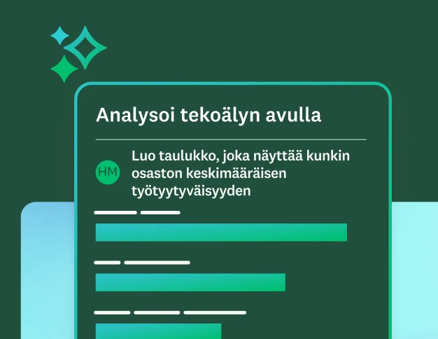 Analysoi tekoälyn avulla -kehote ”Luo kaavio, joka näyttää kunkin osaston keskimääräisen työtyytyväisyyden”. Tulokset näkyvät alla pylväskaaviona.